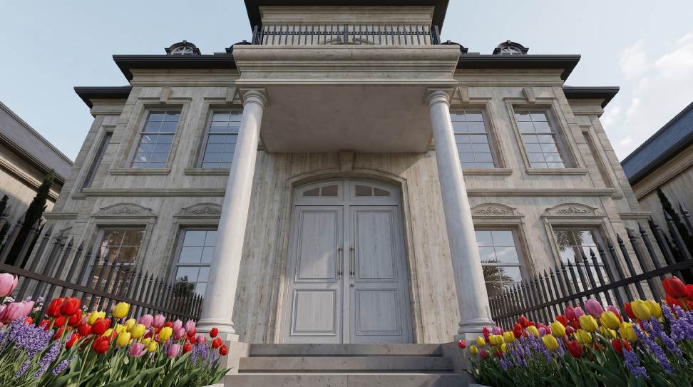 Classical entrance of Villa Type A framed by flowers