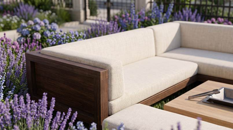 Patio furniture surrounded by lavender at Villa Type B