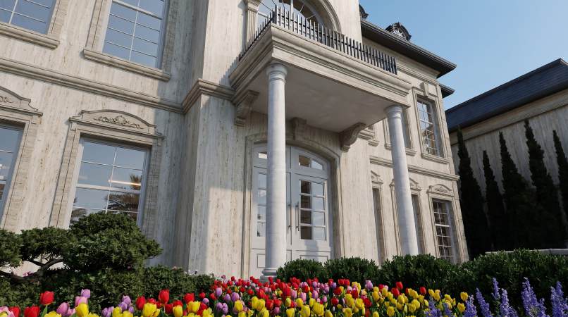 Low-angle view of the Type A columns and flower beds