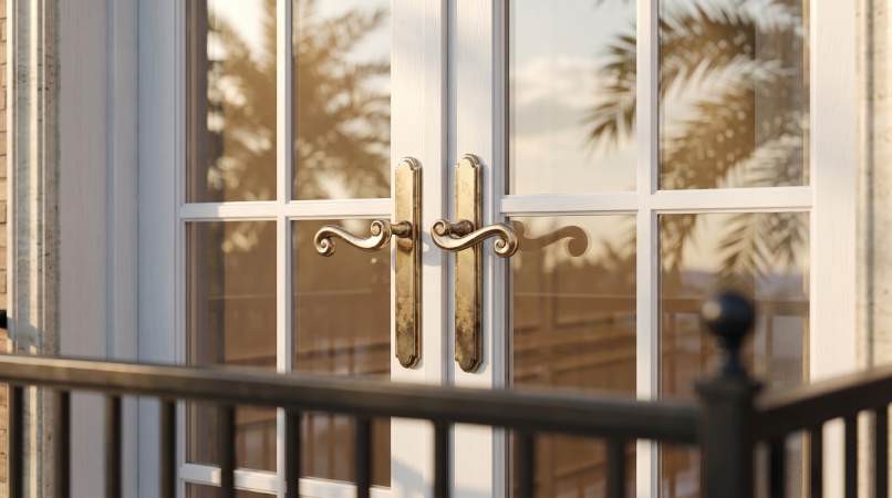 White entrance door with brass handle at Villa Type C