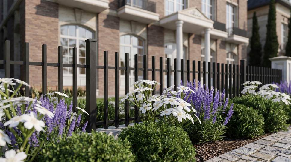 Black metal fence and planting in front of Villa Type B