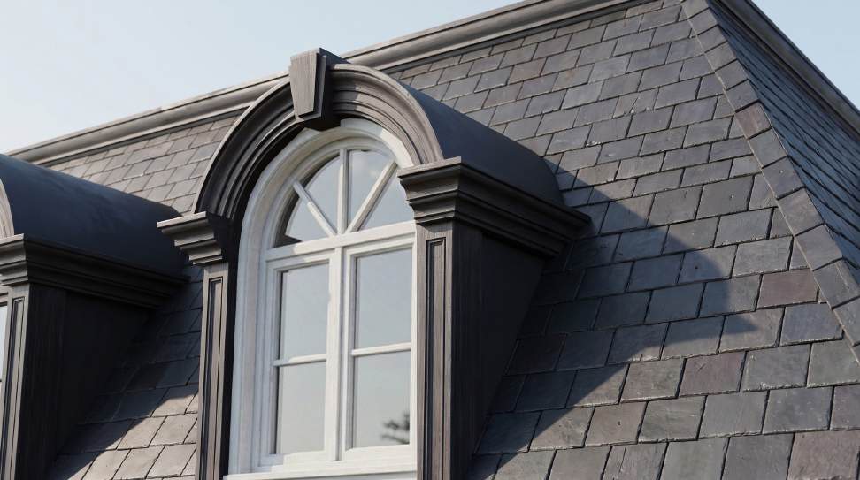 Arched dormer window in the slate roof of Type C