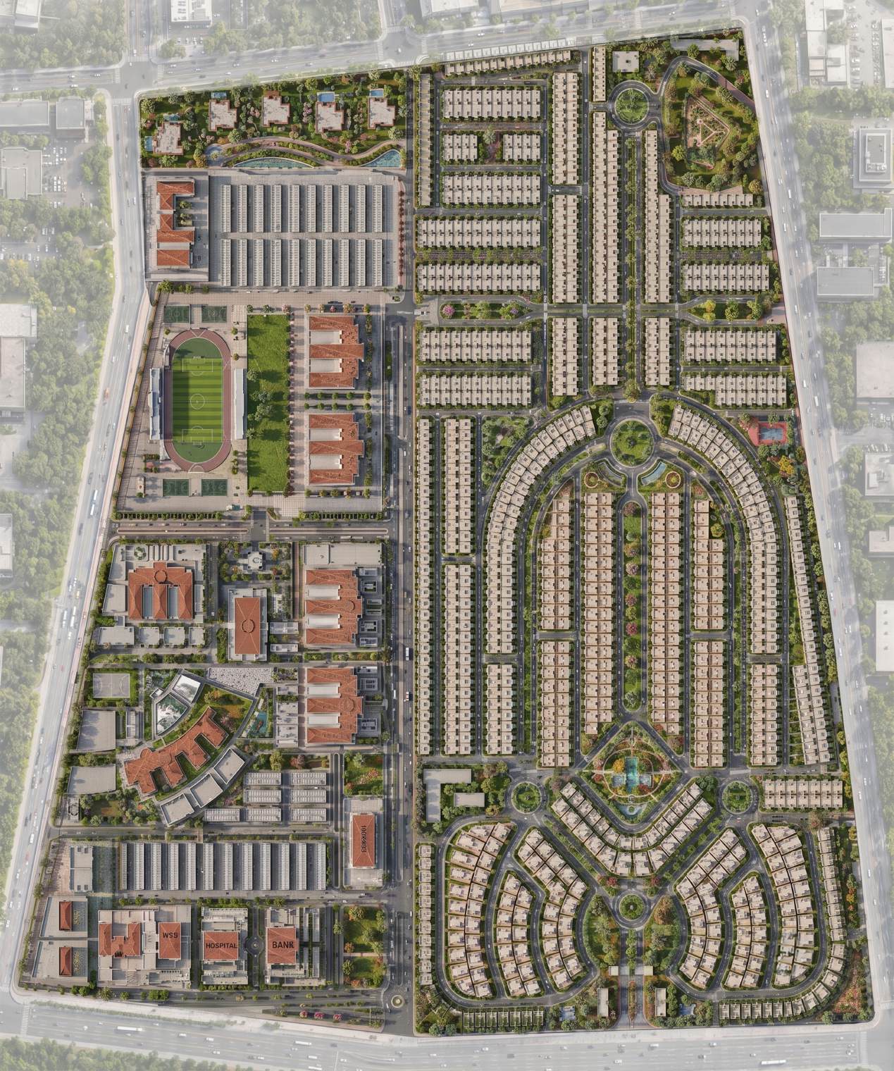 Masterplan of Knowledge Village showing streets, parks and villa clusters
