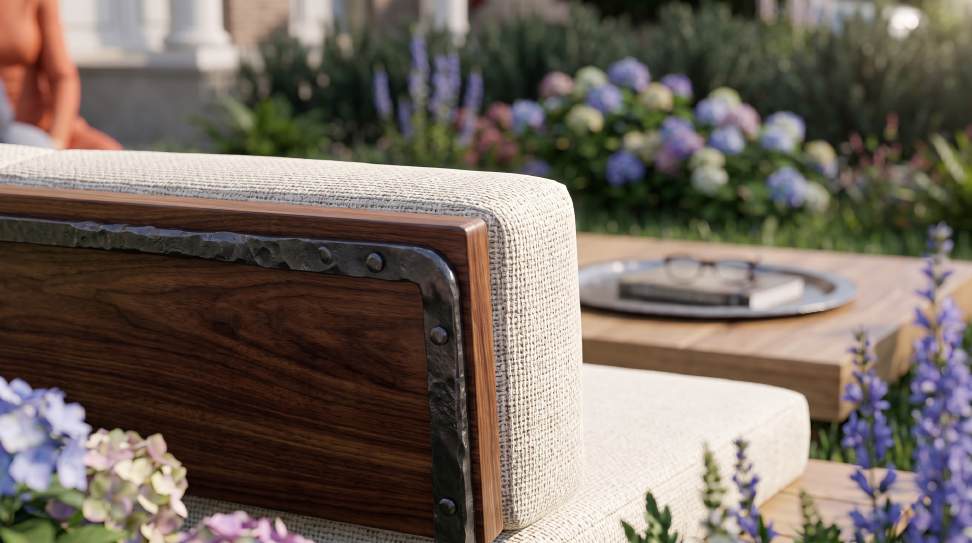 Garden seating with fabric cushions at Villa Type B
