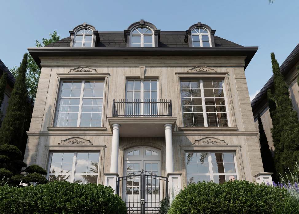 Full facade of Villa Type D with windows and dormers