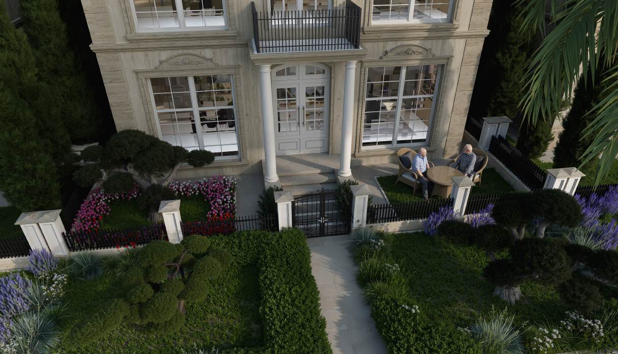 Aerial view of the Type D garden with people at a table
