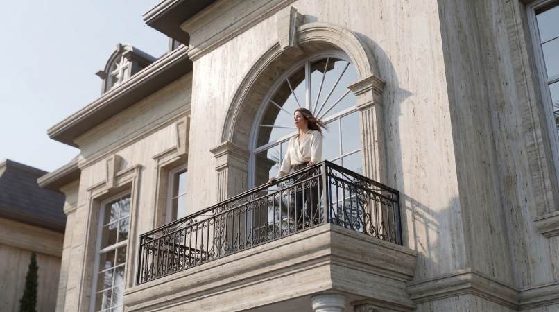 Resident standing on the arched balcony of Villa Type A