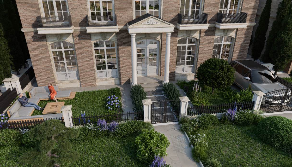 Aerial view of the Type B house, garden and driveway