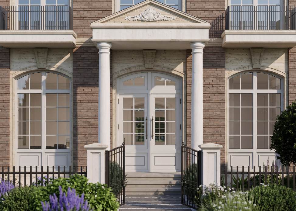 Columned entrance of Villa Type B in brick and stone