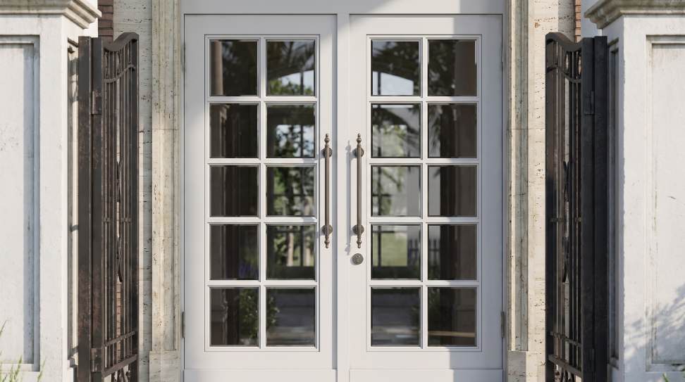 White double doors with dark shutters at Villa Type C