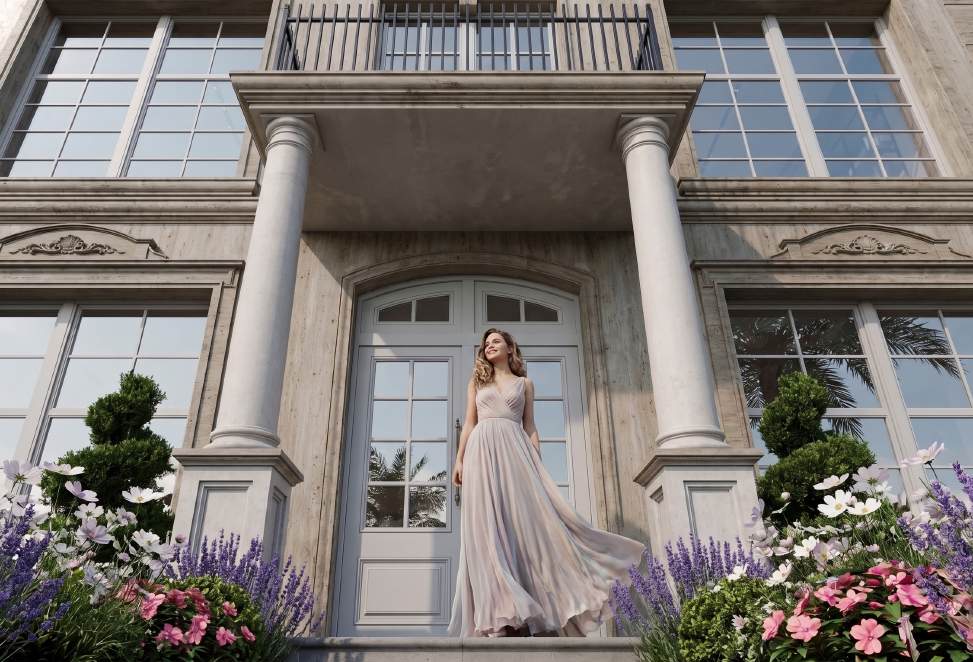 Entrance columns of Villa Type D with a resident