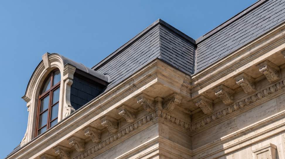 Dormer window and carved stone corbels on the Type A roofline
