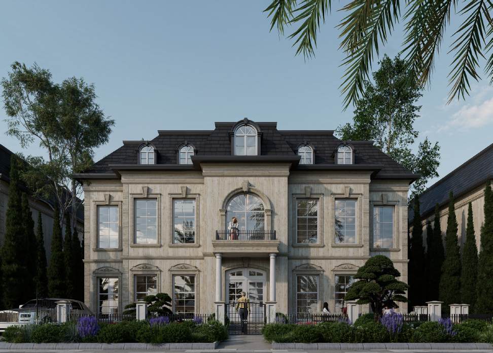 Full facade of Villa Type A among mature landscaping
