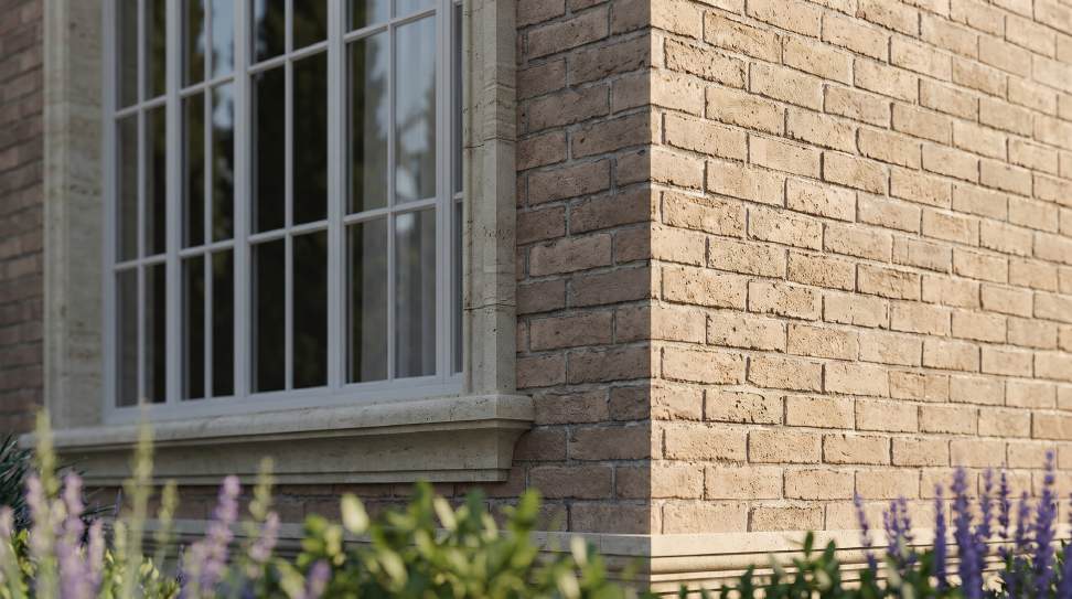 Light brickwork and stone window sill with lavender