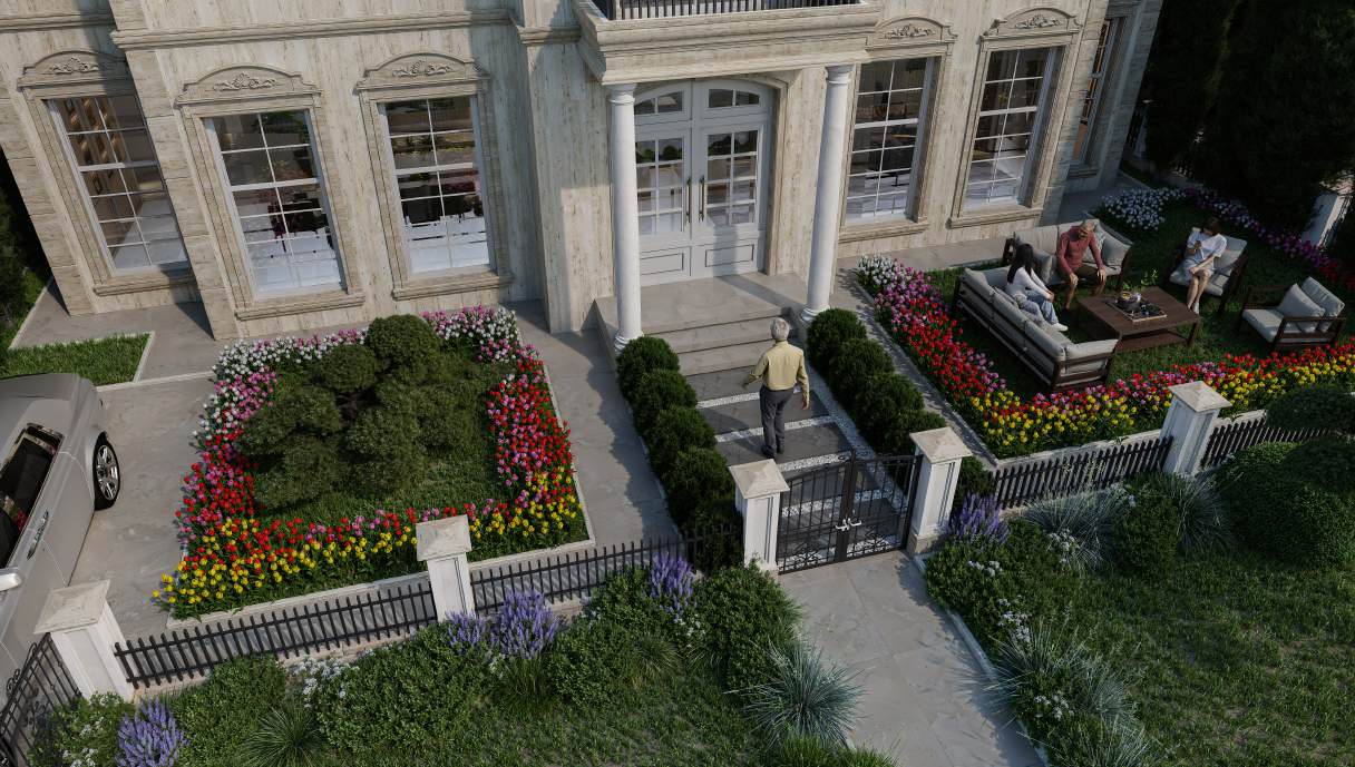 Aerial view of the Type A garden and seating area