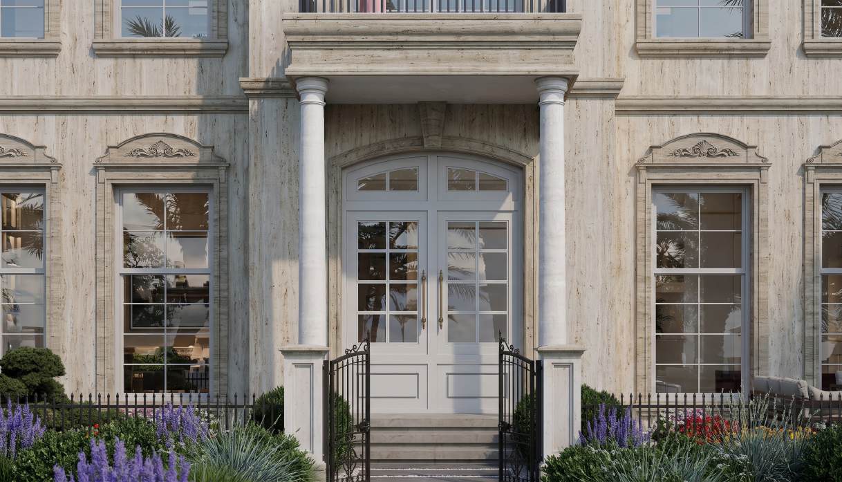 Close-up of the Type A entrance doors and stone detailing